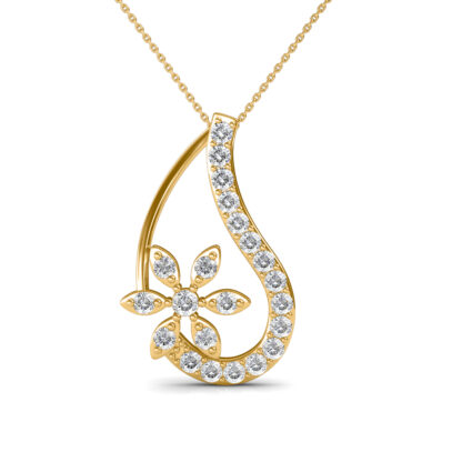 Front view of yellow gold diamond teardrop pendant with a marquise flower accent