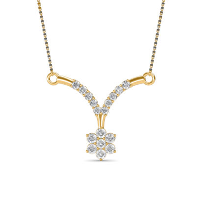 Front view of yellow gold mangalsutra with a diamond chevron and flower cluster drop
