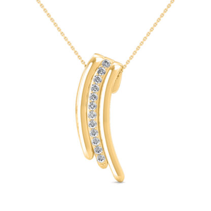 Front view of yellow gold triple curve pendant with a graduated diamond line