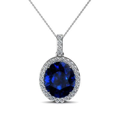 Front view of white gold pendant with an oval blue sapphire and diamond halo