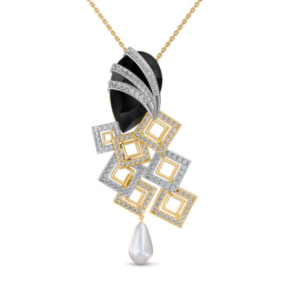 Front view of black onyx diamond pendant with interlocking diamond squares and a pearl drop