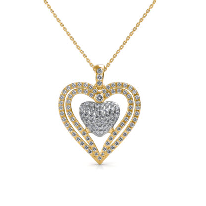 Front view of yellow gold nested diamond heart pendant with a pave centre