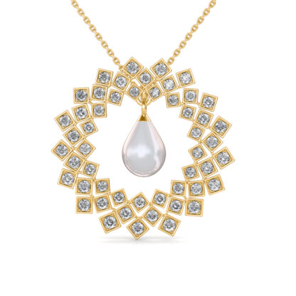 Front view of yellow gold diamond tile rosette pendant with a dangling pearl