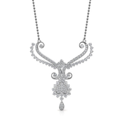 Front view of white gold mangalsutra with an ornate diamond scroll medallion