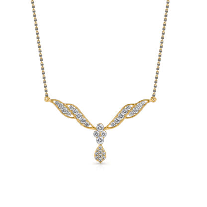 Front view of yellow gold mangalsutra with diamond-set leaf wings and a floral centre
