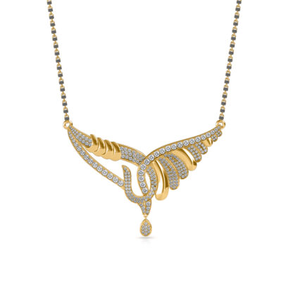 Close-up of yellow gold mangalsutra pendant showing the pear-shaped diamond drop