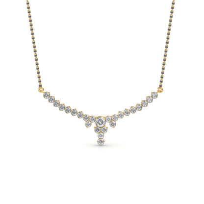 Front view of yellow gold mangalsutra with a graduated diamond line and tiered drop
