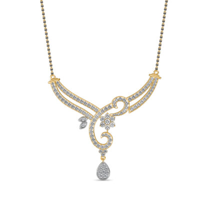 Front view of yellow gold mangalsutra with a diamond scroll and floral pendant