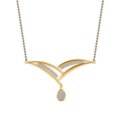 Front view of yellow gold mangalsutra with a diamond chevron pendant and pear diamond drop