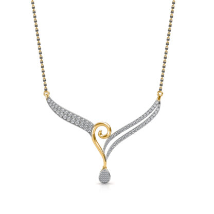 Front view of two-tone gold mangalsutra with diamond-set wings and a pear diamond drop