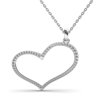 Front view of white gold open heart pendant outlined in pave-set diamonds
