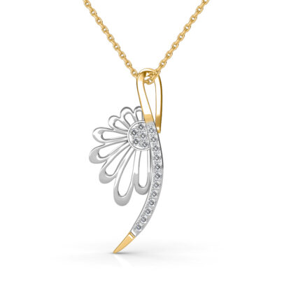 Front view of two-tone gold flower pendant with a curved diamond tail