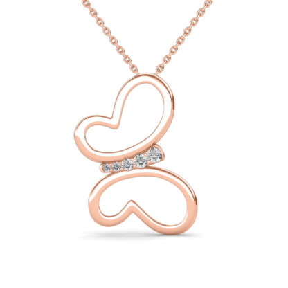Front view of rose gold open wire butterfly pendant with round diamonds at centre