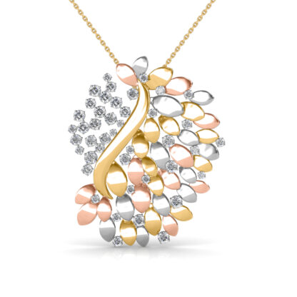 Front view of tri-color gold bouquet pendant with scattered round diamonds on a chain