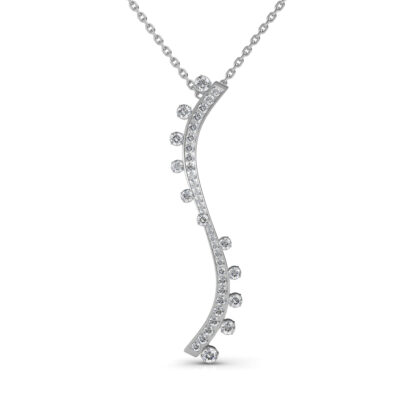 Front view of white gold curved bar pendant set with a diagonal line of diamonds