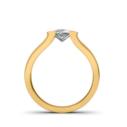 Front view of yellow gold pear solitaire ring showing the raised centre setting