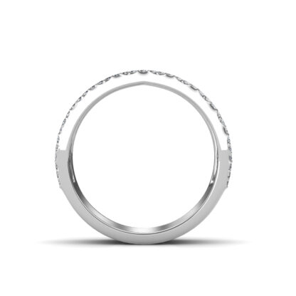 Through-finger view of white gold wide openwork diamond band ring showing the band profile