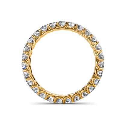 Through-finger view of yellow gold U-prong full eternity ring with twisted gallery showing the band profile