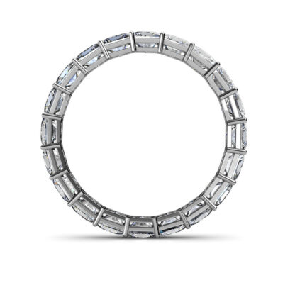 Through-finger view of white gold or platinum princess cut diamond full eternity ring showing the band profile
