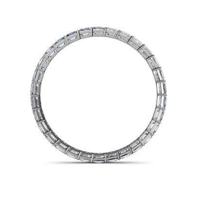 Through-finger view of white gold or platinum princess cut diamond full eternity ring showing the band profile