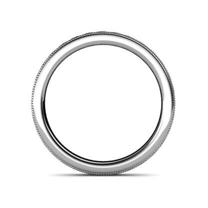 Through-finger view of white gold milgrain channel-set diamond eternity ring showing the band profile