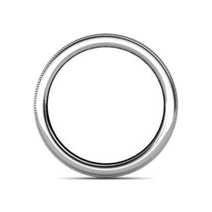 Through-finger view of white gold milgrain channel-set diamond eternity ring showing the band profile