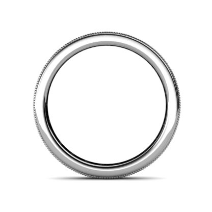 Through-finger view of white gold milgrain channel-set diamond eternity ring showing the band profile