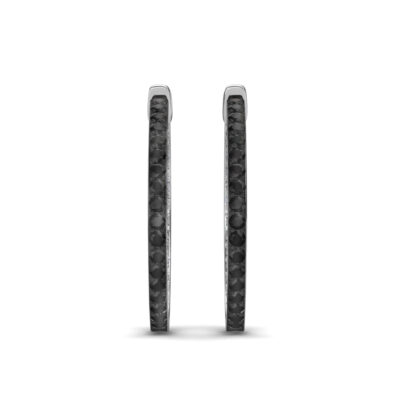 Front view of white gold hoop earrings channel-set edge to edge in black diamonds