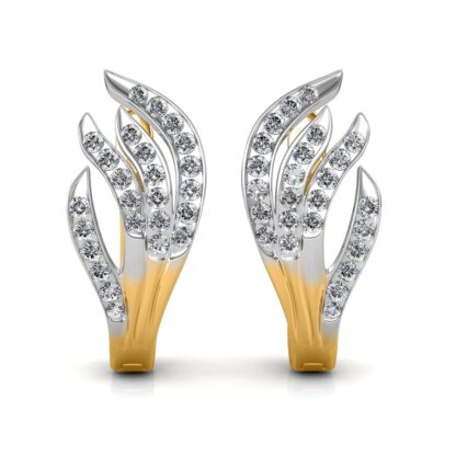 Front view of two-tone gold stud earrings with a diamond flame design in channel-set round diamonds