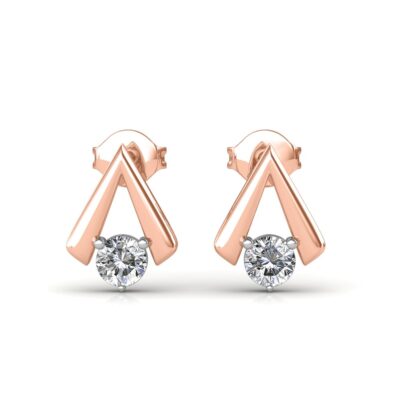 Front view of rose gold chevron stud earrings with a round solitaire diamond