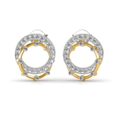 Front view of two-tone circle stud earrings with a pave diamond outer ring and prong-set diamond inner ring
