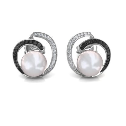 Front view of white gold stud earrings with a pearl inside a black and white diamond swirl