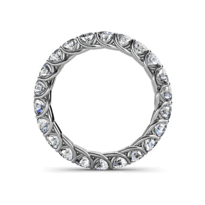 Through-finger view of white gold U-prong full eternity ring with twisted gallery showing the band profile