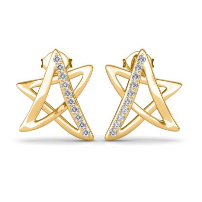 Front view of yellow gold star outline stud earrings with a diagonal line of round diamonds
