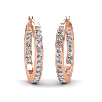 Front view of rose gold hoop earrings channel-set with round diamonds inside and out