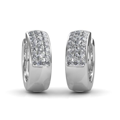 Front view of white gold huggie hoop earrings with a pave diamond cluster band