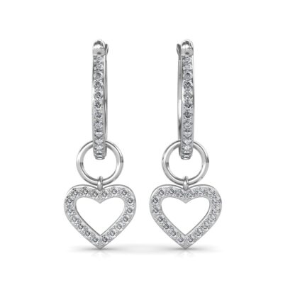 Front view of white gold diamond hoop earrings with a dangling open heart charm