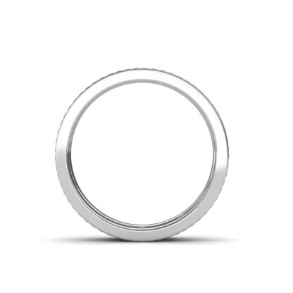 Through-finger view of white gold eternity band with pave diamond edges
