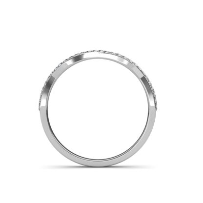 Through-finger view of white gold twisted infinity diamond band showing the band profile