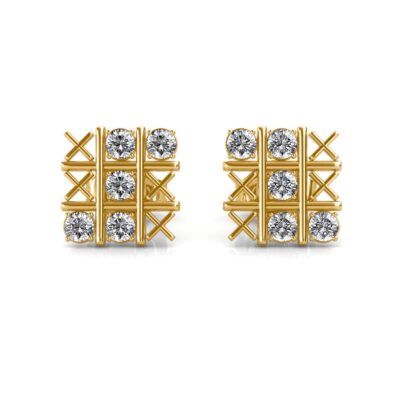 Front view of yellow gold grid pattern stud earrings set with round diamonds