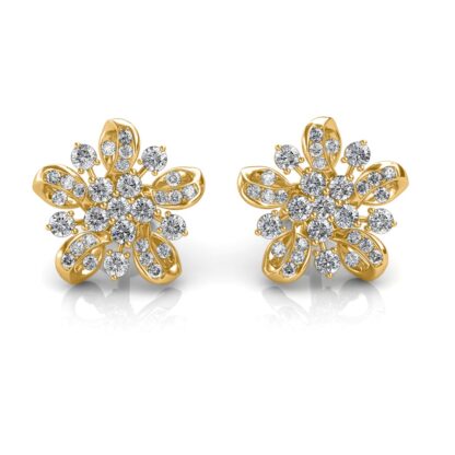 Front view of yellow gold flower cluster stud earrings with layered round diamonds