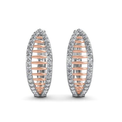 Front view of two-tone oval hoop earrings with a pave diamond outline and rose gold lattice