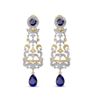 Front view of two-tone sapphire diamond chandelier earrings with pear sapphire drops
