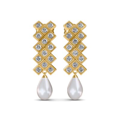 Front view of yellow gold diamond tile stud earrings with a dangling pearl drop