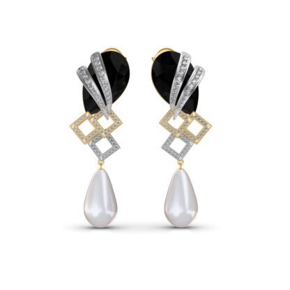 Front view of layered drop earrings with black onyx, diamonds and a pearl drop
