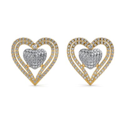 Front view of yellow gold nested diamond heart stud earrings