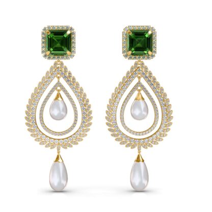 Front view of chandelier earrings with a square emerald, diamonds and dangling pearls