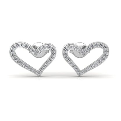 Front view of white gold open heart stud earrings in pave-set round diamonds