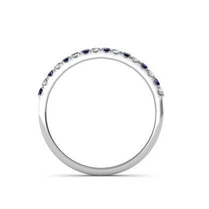 Through-finger view of white gold sapphire and diamond band showing the stone row
