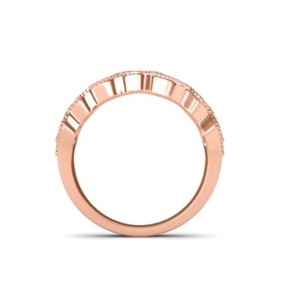 Through-finger view of rose gold scalloped diamond lace band ring showing the band profile